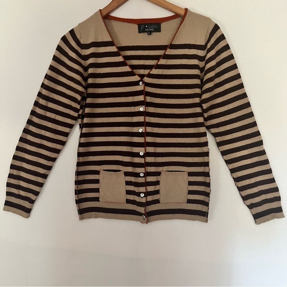 P. Luca Milano Y2K Women's Striped Office Casual Cardigan - Tan and Brown Size L